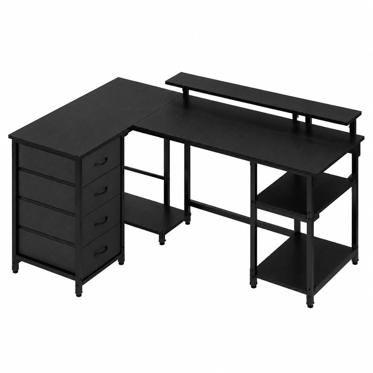 Bureau, avec rangement, avec étagères, avec éclairage LED, coloris noir, pour l’espace de travail