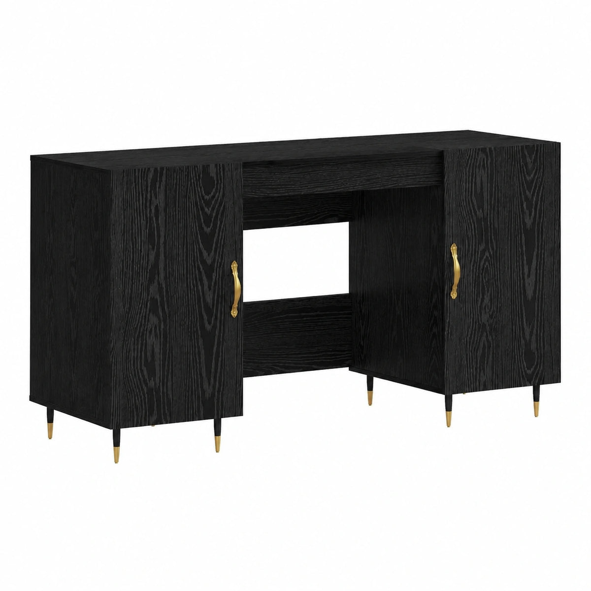 Bureau, en chêne, avec rangement, avec étagères, avec portes, coloris noir, 140 x 50 x 75 cm, pour l’espace de travail