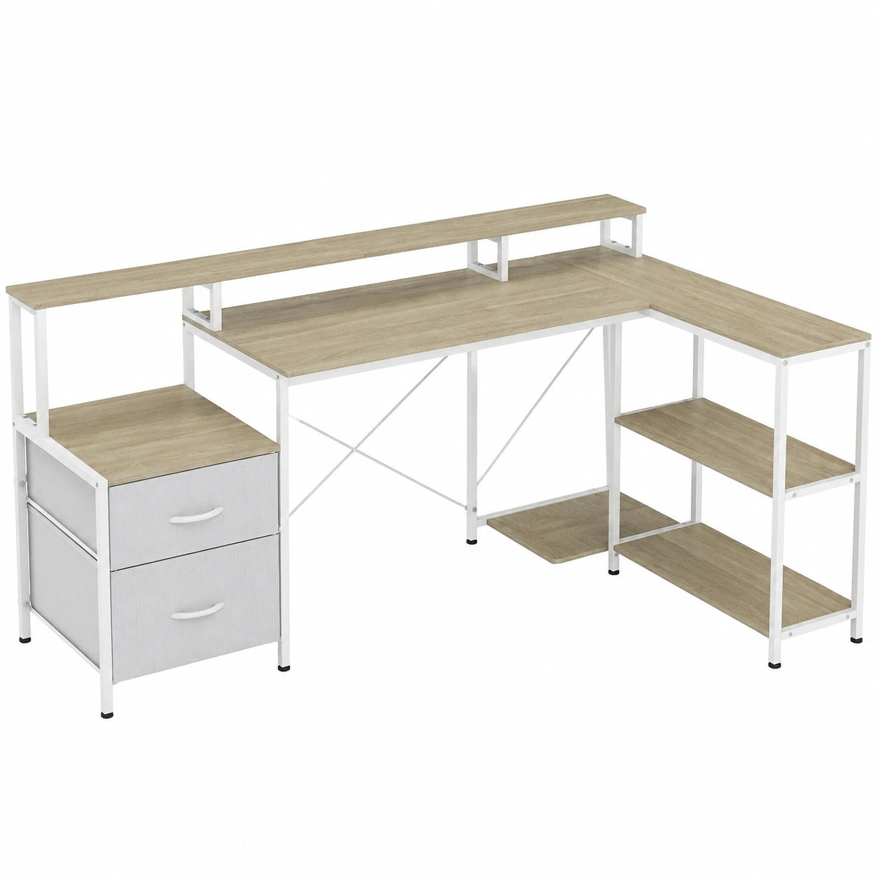 Bureau, avec tiroirs, avec prise intégrée, en tissu, 172 x 100 cm, coloris blanc, pour l’espace de travail
